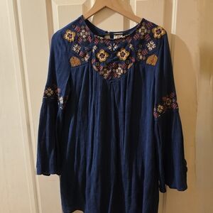 Blue Rain Navy Embroidered Midi Dress with Yellow & Pink Floral Detail